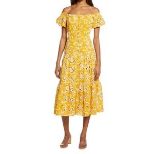 Floret Studios Off the Shoulder Tiered Midi Dress, Mustard, Size Large, NWOT